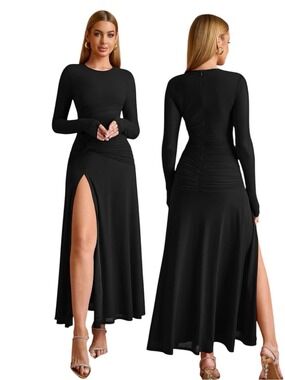 Long Sleeve Slit Formal Ruched Maxi Dresses for Women
